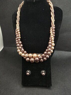 Roman RMN Vintage bronze, chocolate, & champagne Bead Necklace and Earrings Set